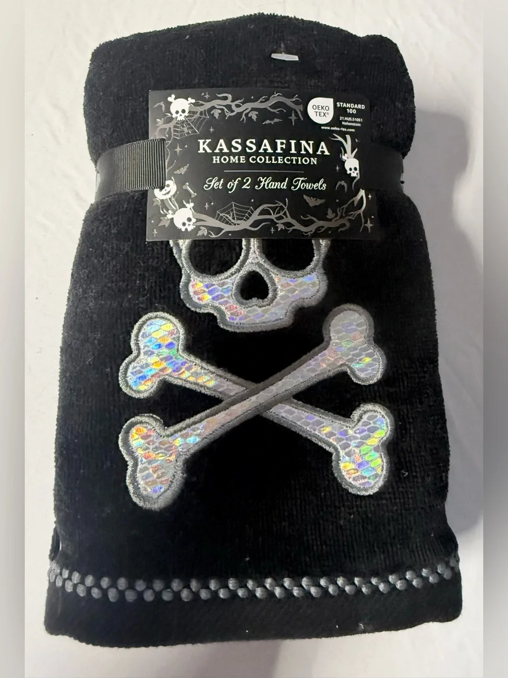 Kassafina Black Hand Towels with Holographic Skull & Crossbones - Set of 2